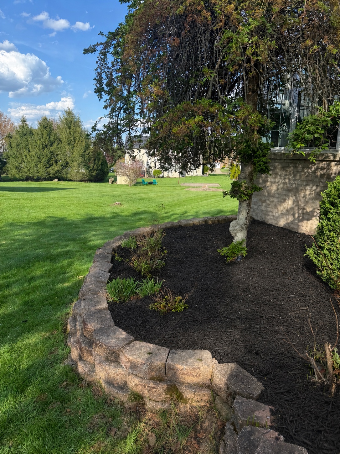 Curved stone retaining wall with fresh dark mulch landscaping Canton OH